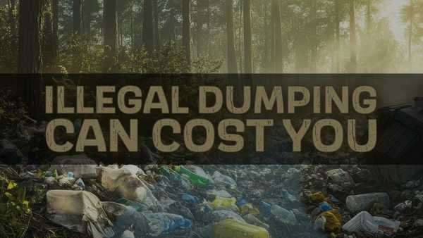 Illegal dumping awareness graphic showing a forest strewn with plastic bottles, bags, and trash debris, with large text reading: “Illegal Dumping Can Cost You.”